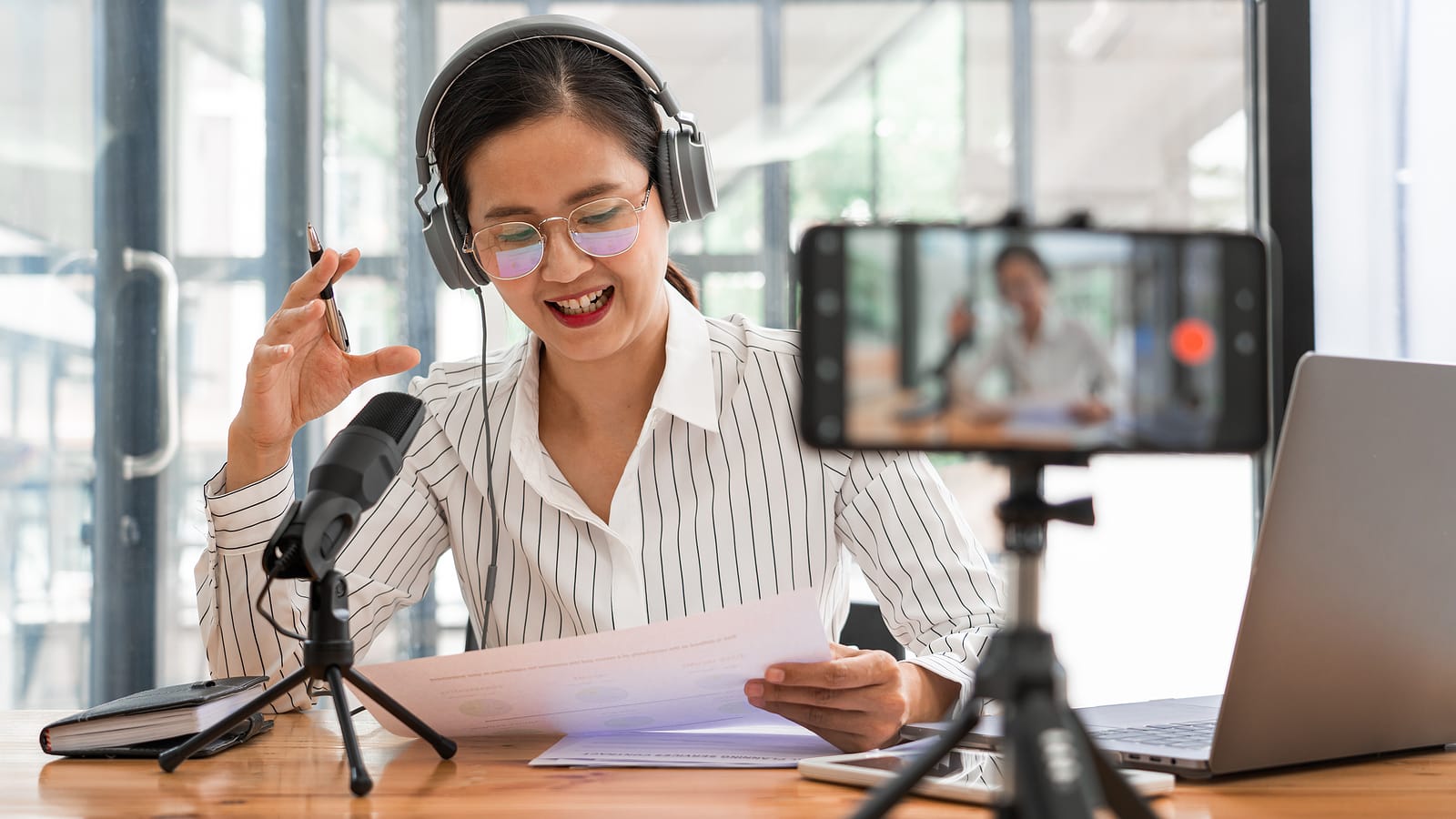 Asian Women Podcaster Podcasting And Recording Online Talk Show